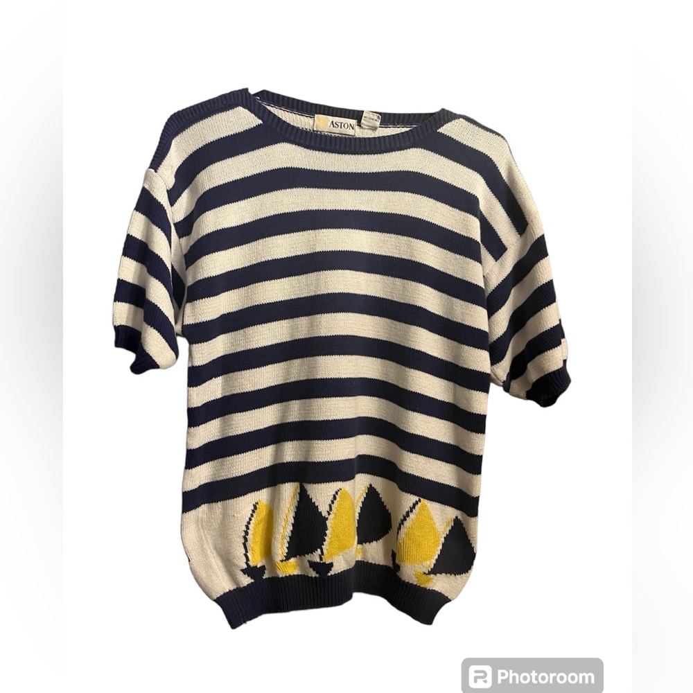 Vtg short sleeve cotton summer striped sweater blue white yellow sailboat Large